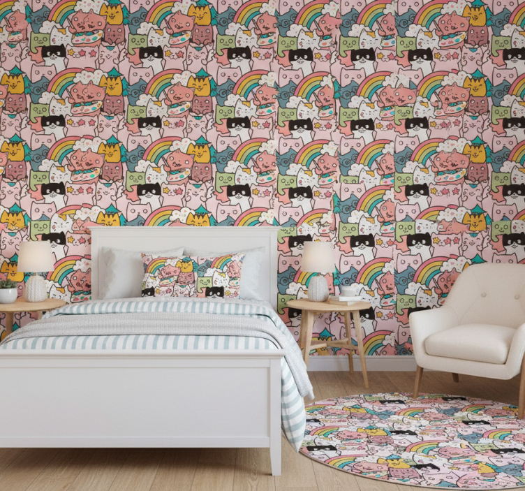 Papier peint chambre motif chat en doodle pastel - TenStickers