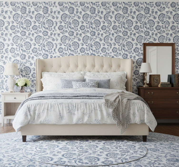 Papier peint chambre motif fleurs bleues grandmillenial - TenStickers