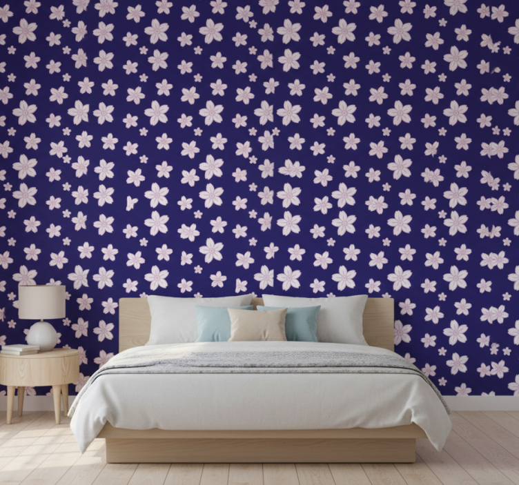 Papier peint chambre motif fleurs de prunier vintage bleu - TenStickers