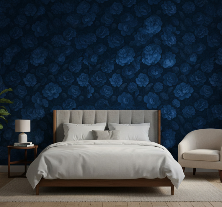 Papier peint chambre motif floral mystérieux bleu foncé - TenStickers