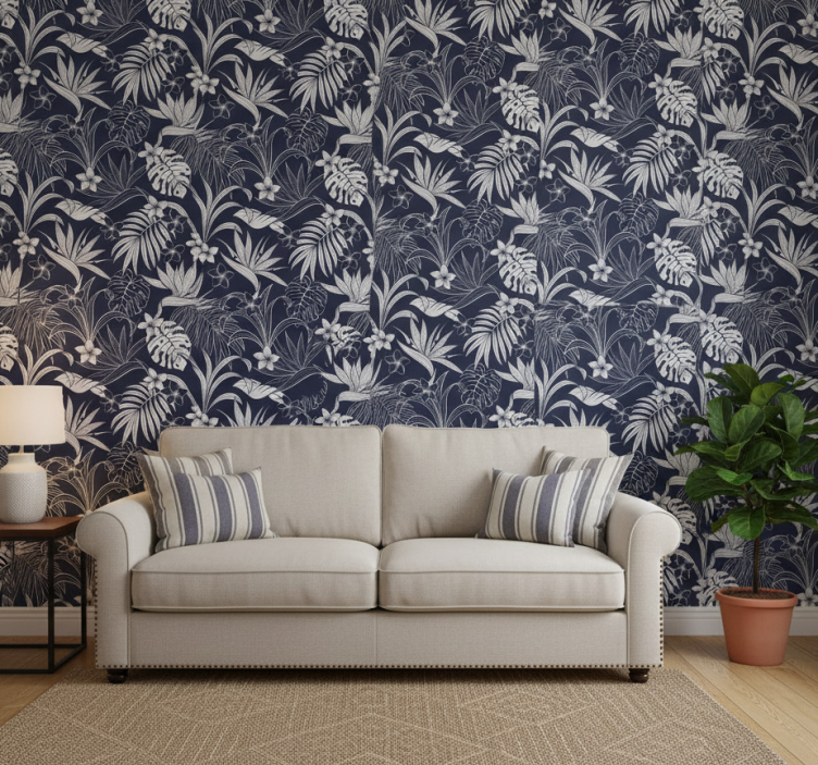 Papier peint chambre motif tropical gris hamptons - TenStickers
