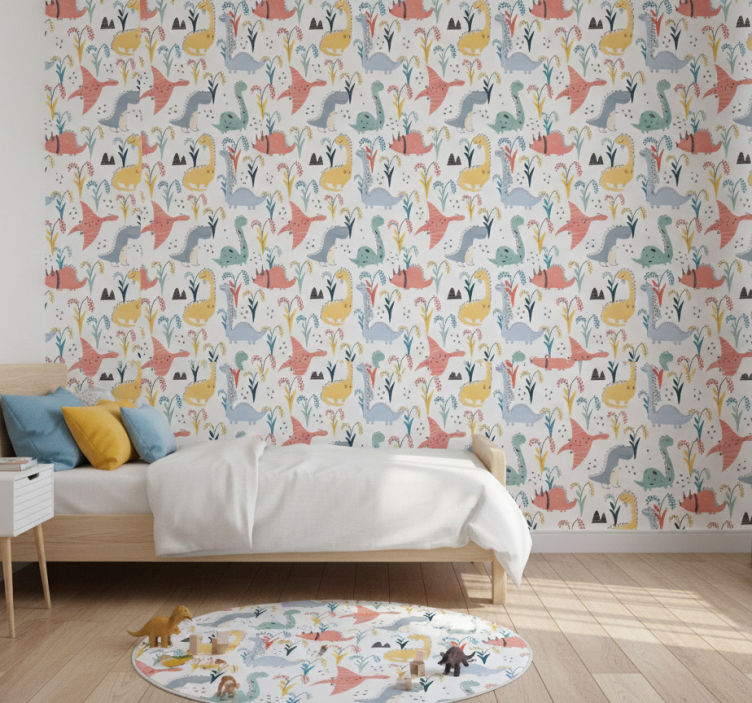 Papier peint chambre motifs dinosaures et arbres colorés - TenStickers