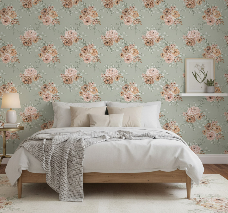 Papier peint chambre roses vintage sur fond menthe - TenStickers