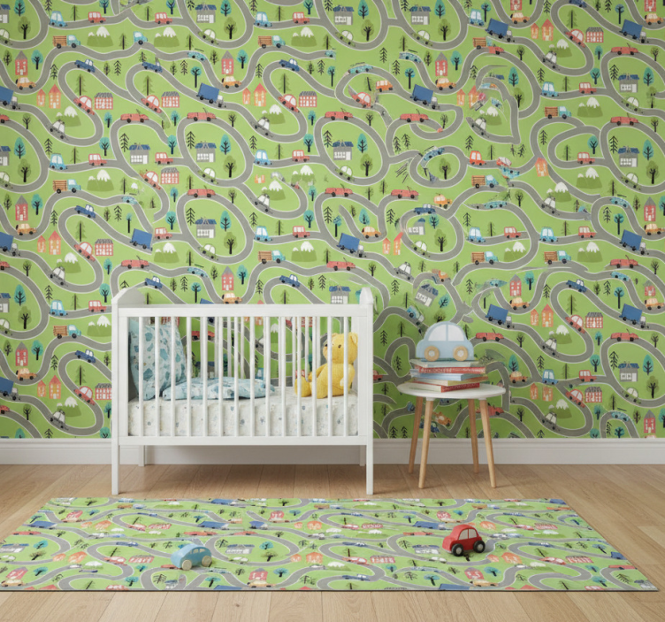 Papier peint chambre rue colorée avec voitures de course - TenStickers