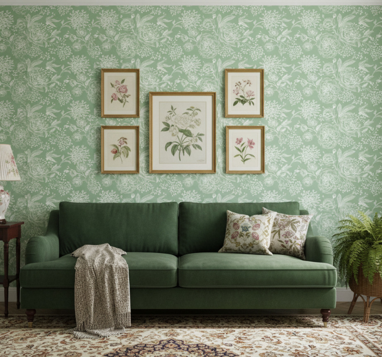 Papier peint chambre style floral vert grandmillénial - TenStickers