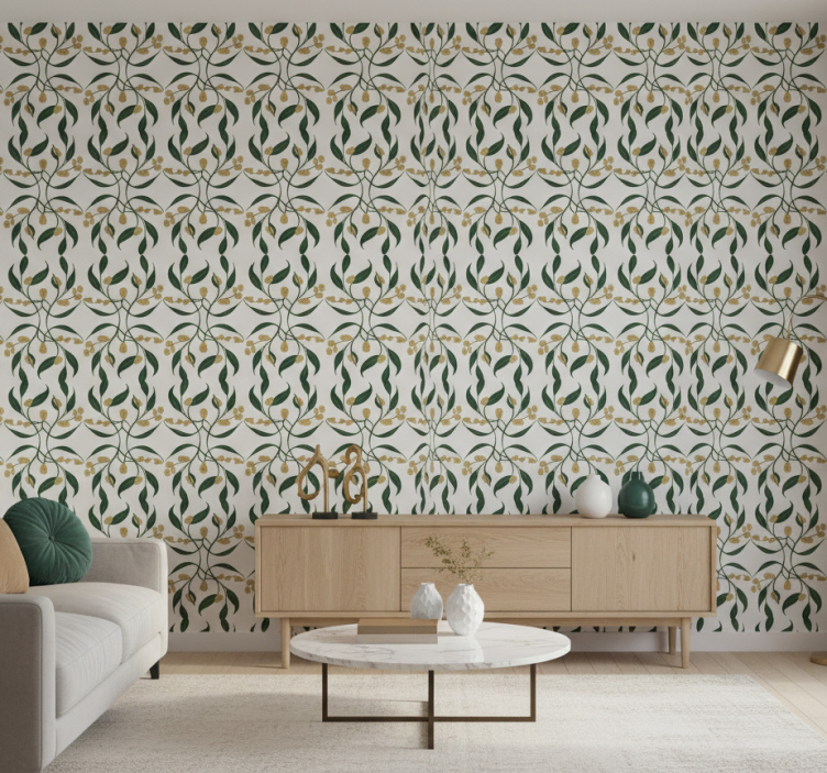 Papier peint feuilles branches vertes et dorées - TenStickers