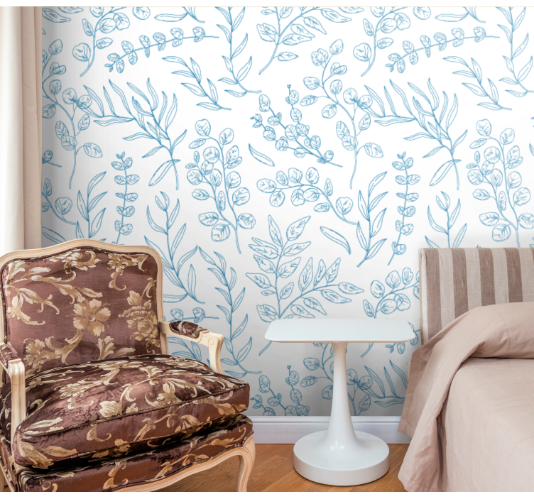 Papier peint feuilles motif de croquis bleus - TenStickers