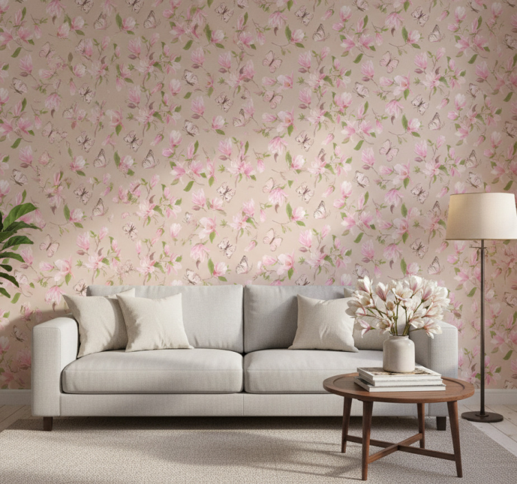 Papier peint fleurs design magnolia rose et papillon - TenStickers