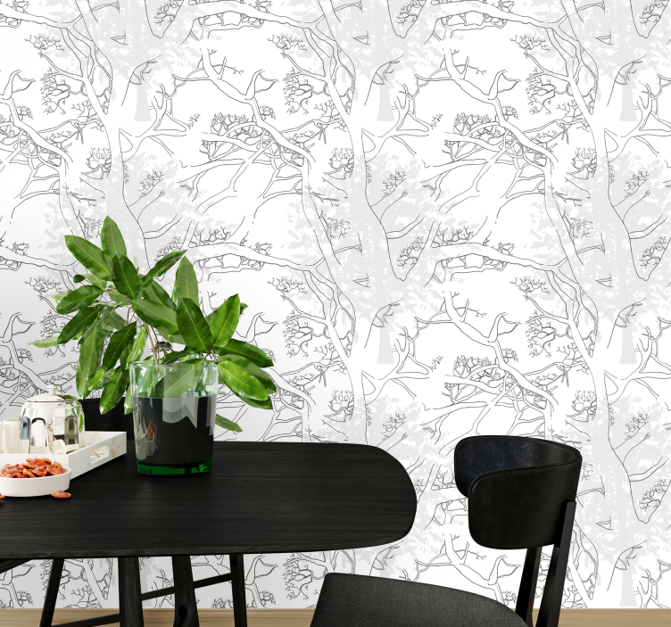 Papier peint gris dessin au trait floral - TenStickers