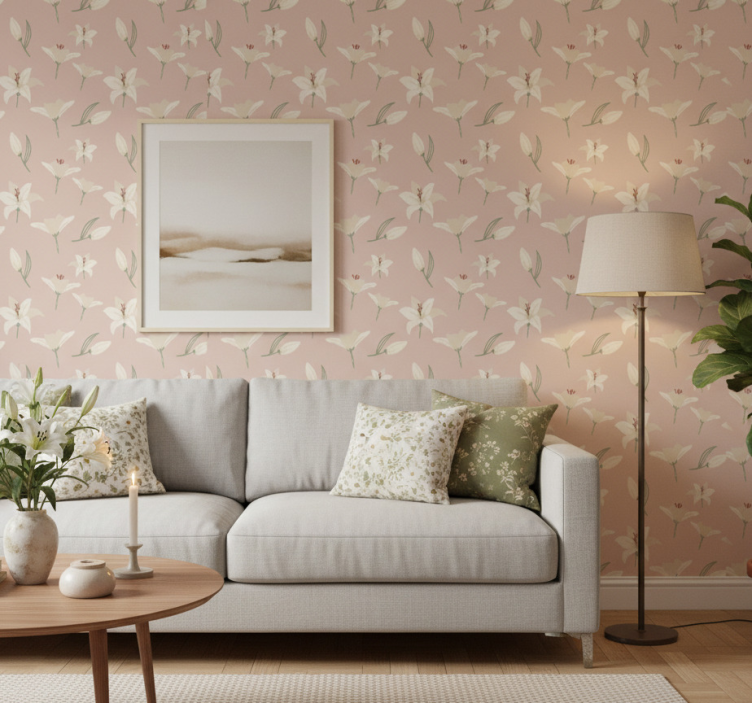 Papier peint fleurs lys blanc sur fond nude - TenStickers