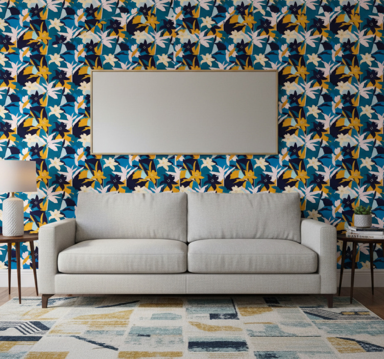 Papier peint fleurs lys blancs sur fond bleu - TenStickers