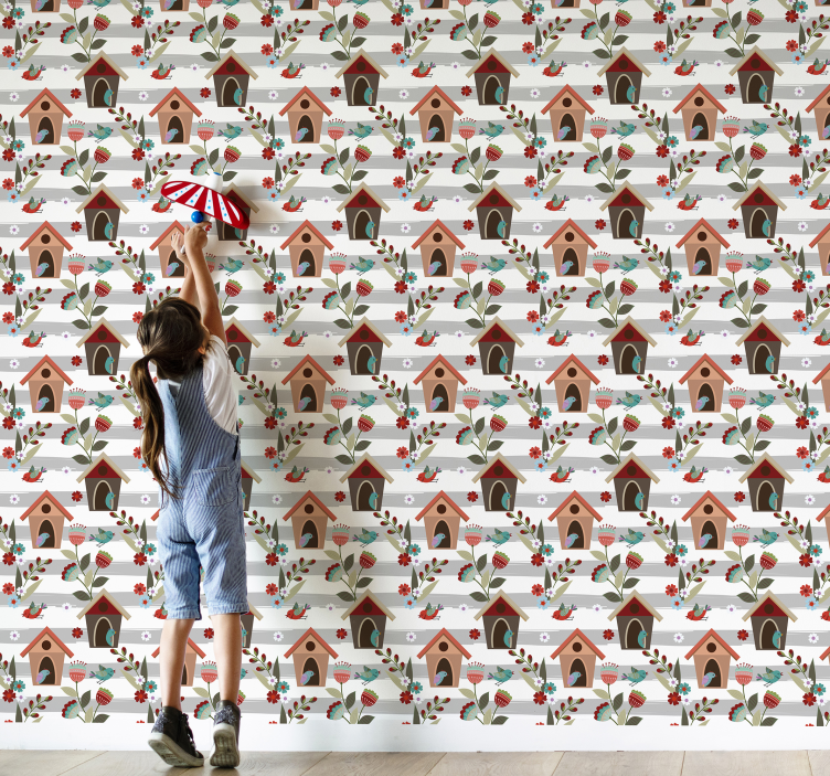 Papier peint fleurs modèle de charmants nichoirs - TenStickers