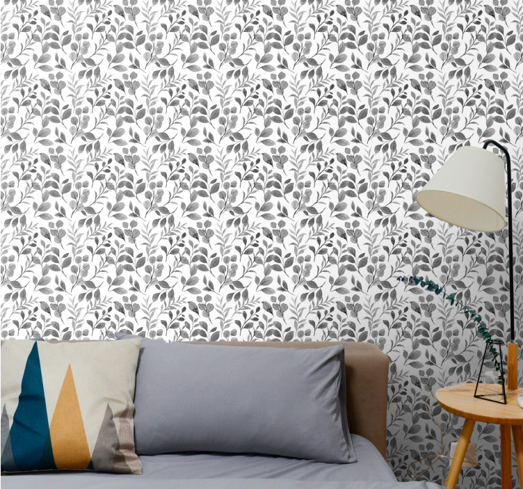 Papier peint feuilles motif gris sur fond blanc - TenStickers