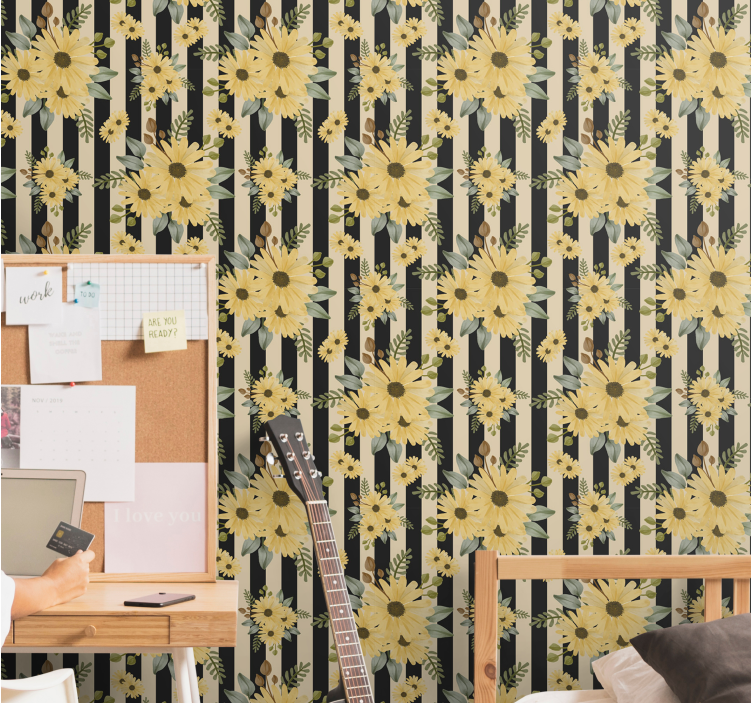 Papier peint fleurs motif tournesol rayé - TenStickers