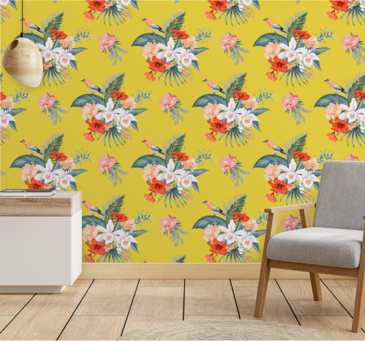 Papier peint floral bouquet sur fond jaune - TenStickers