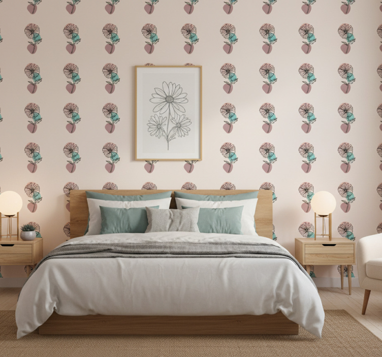 Papier peint floral design ligne art fleur marguerite - TenStickers