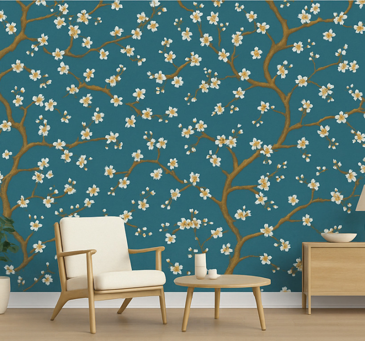 Papier peint floral fleur d'or teal - TenStickers