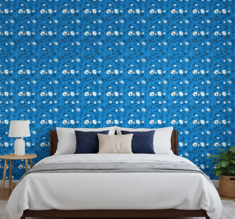 Papier peint floral fleurs blanches sur fond bleu - TenStickers