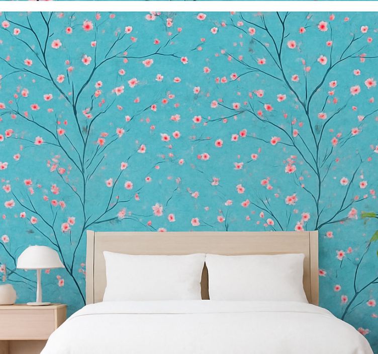 Papier peint floral fleurs de cerisier teal - TenStickers