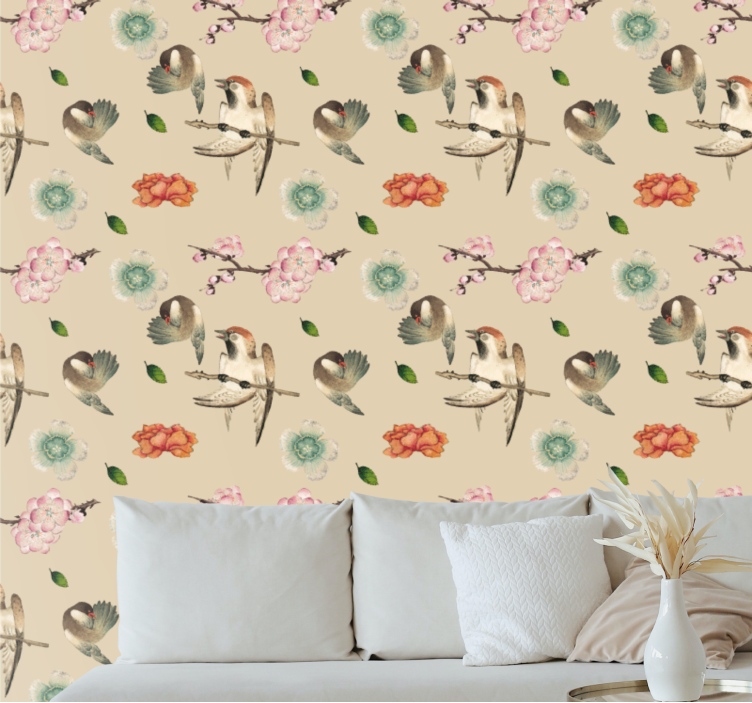 Papier peint floral fleurs d'oiseaux charmantes - TenStickers