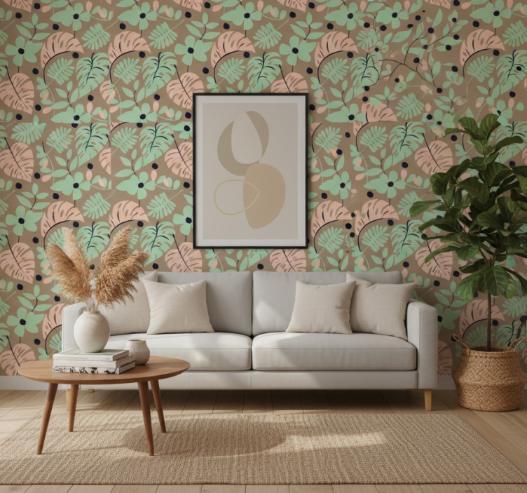 Papier peint floral fleurs et feuilles monstera pastel - TenStickers