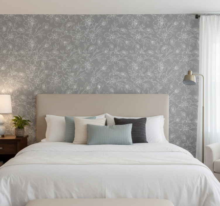 Papier peint floral fleurs grises - TenStickers