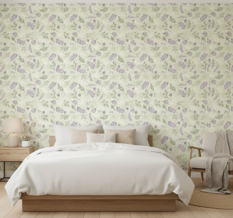 Papier peint floral fleurs violettes sur fond vert - TenStickers