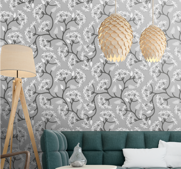 Papier peint floral motif de branche grise - TenStickers