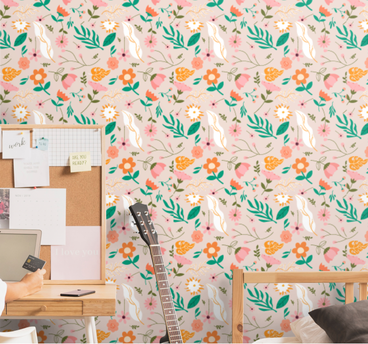 Papier peint floral motif fleuri et plumes - TenStickers