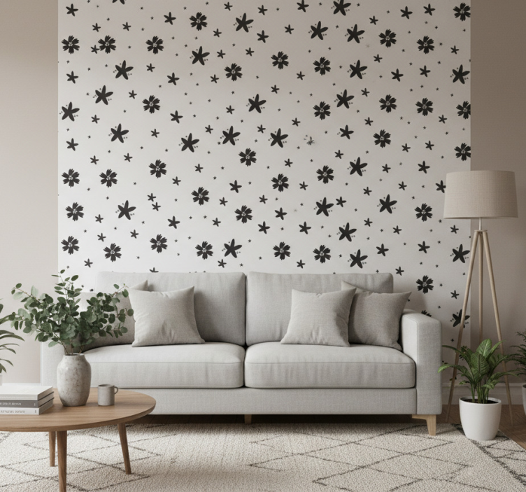 Papier peint floral motif floral encre noir et blanc - TenStickers