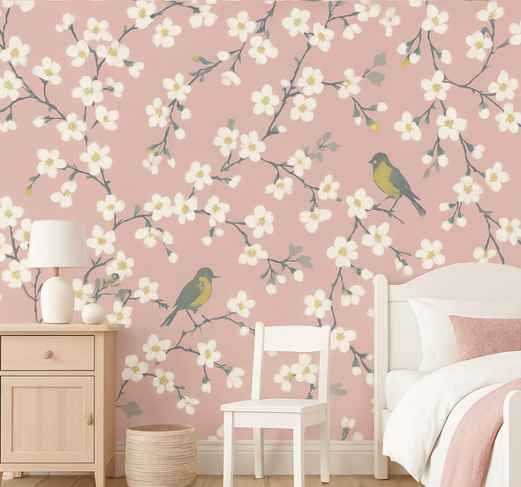 Papier peint floral oiseaux des vergers roses - TenStickers