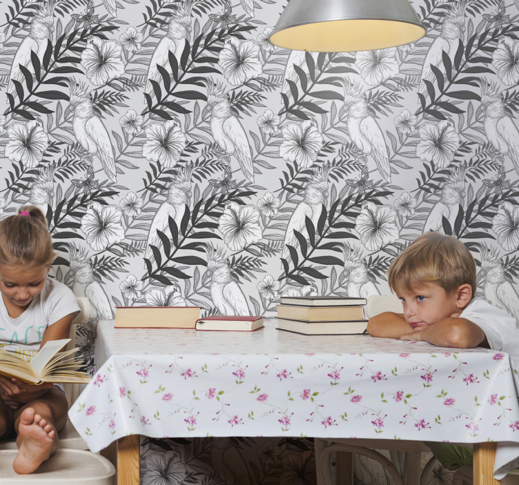 Papier peint jungle croquis monochrome floral - TenStickers