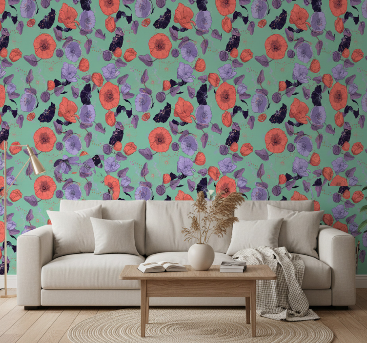 Papier peint floral coquelicots bleus et rouges - TenStickers