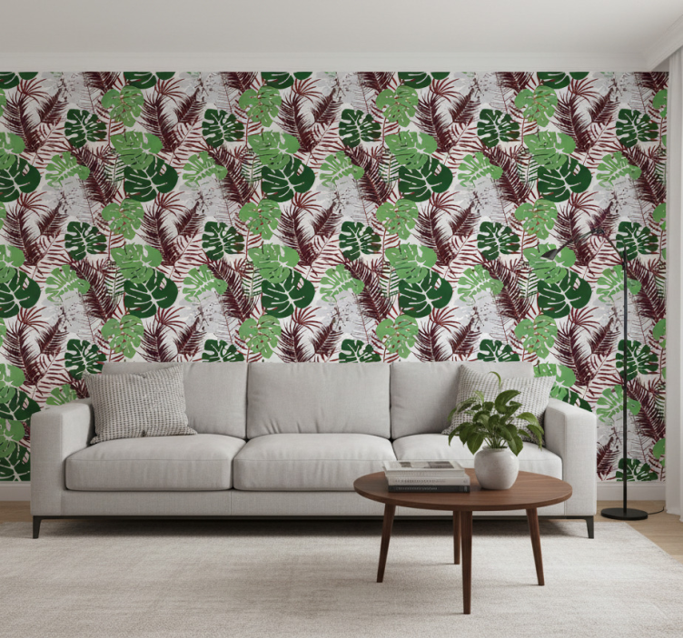 Papier peint nature feuilles de monstera et branches rouges - TenStickers