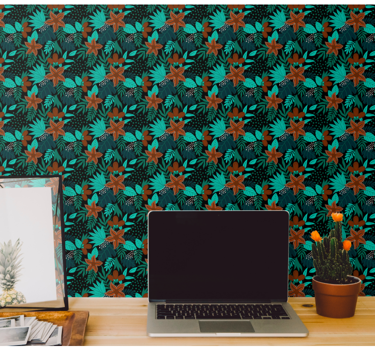 Papier peint nature fleurs et feuilles vertes et oranges - TenStickers