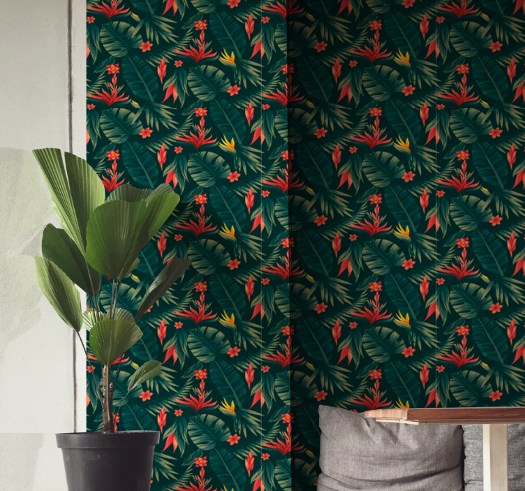 Papier peint salon flore tropicale sur fond vert - TenStickers