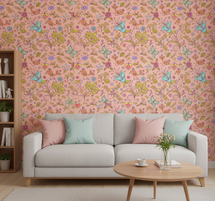 Papier peint nature motif floral avec oiseaux et papillons - TenStickers