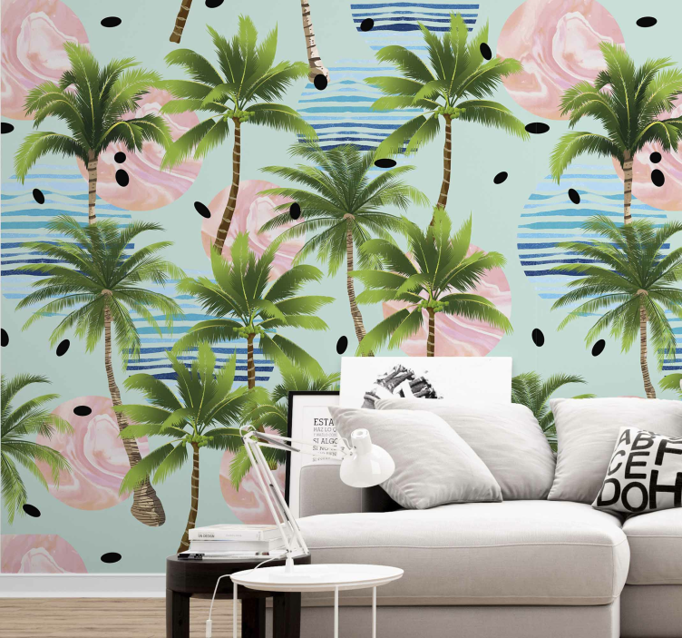 Papier peint jungle palmiers sur le soleil en marbre - TenStickers
