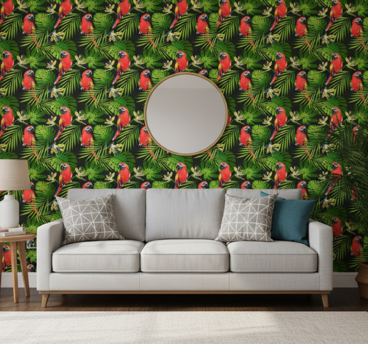Papier peint nature perroquets tropicaux et feuillage - TenStickers