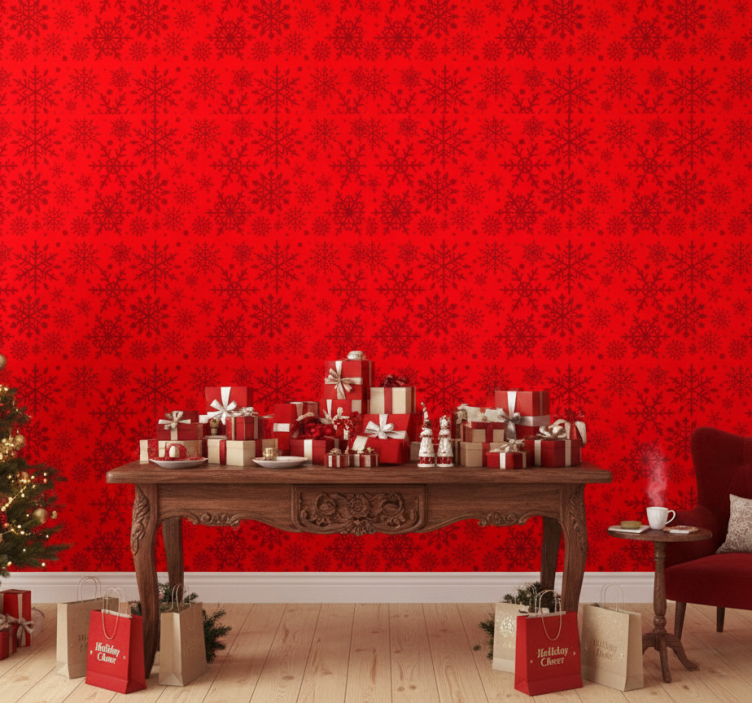 Papier peint noel flocons de neige rouges - TenStickers
