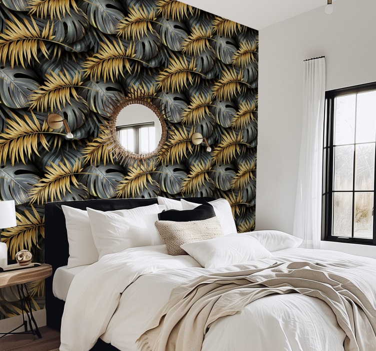 Papier peint chambre noir feuilles tropicales - TenStickers
