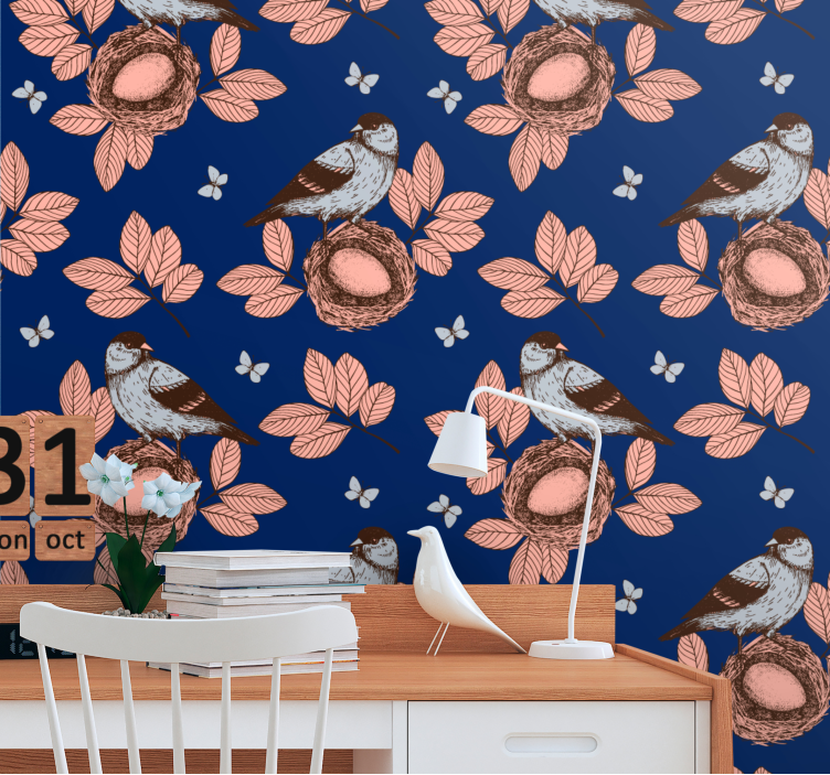Papier peint oiseaux nids et feuilles - TenStickers