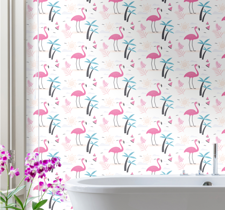 Papier peint oiseaux scène tropicale avec flamants roses - TenStickers