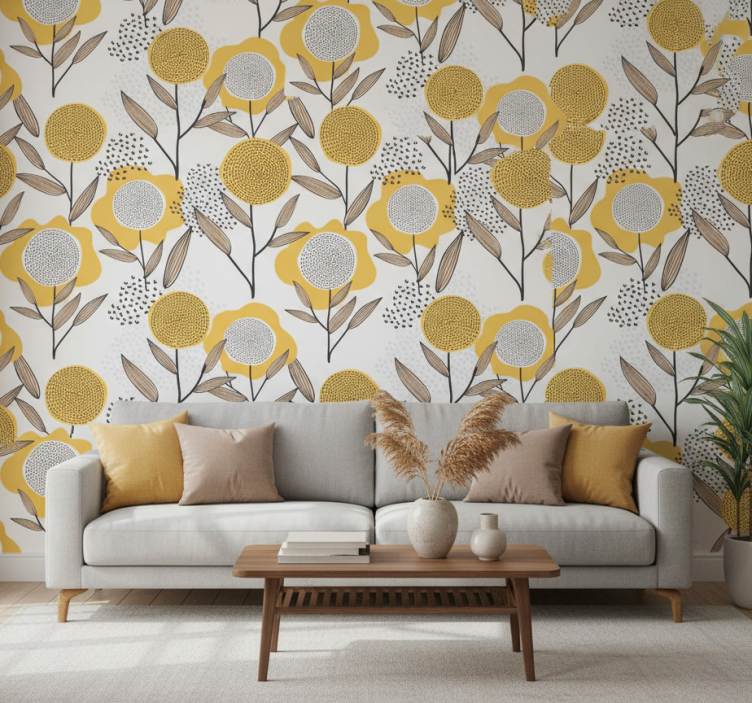 Papier peint salon motif floral abstrait jaune - TenStickers