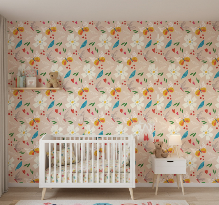 Papier peint papillon fleurs et papillons sur fond beige - TenStickers