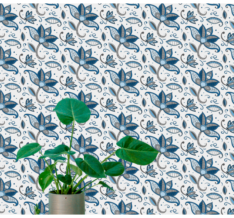 Papier peint feuilles gribouillages de fleurs bleues - TenStickers