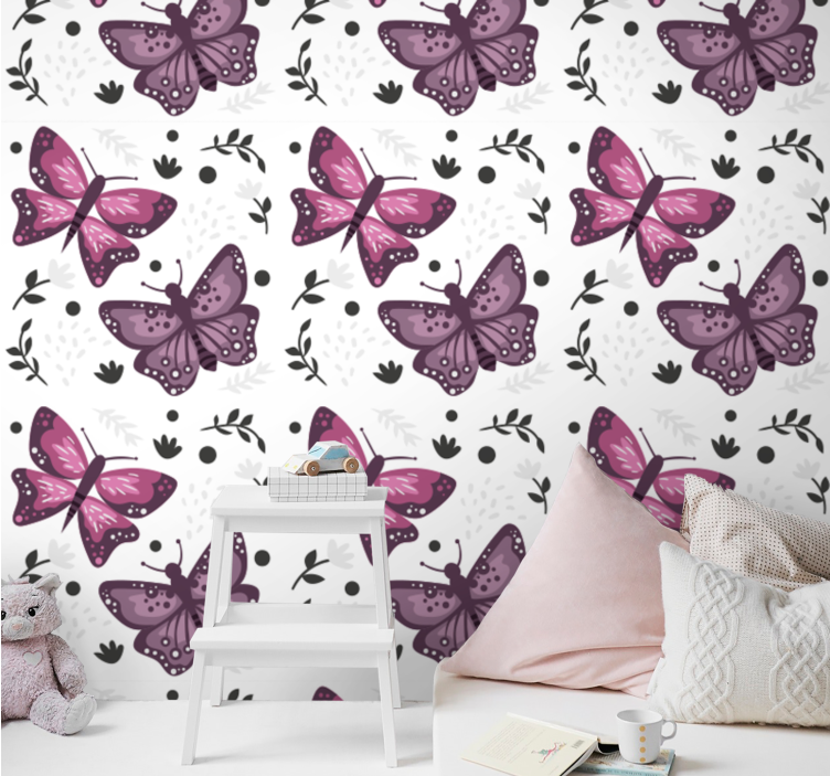 Papier peint papillon motif rose avec des feuilles - TenStickers