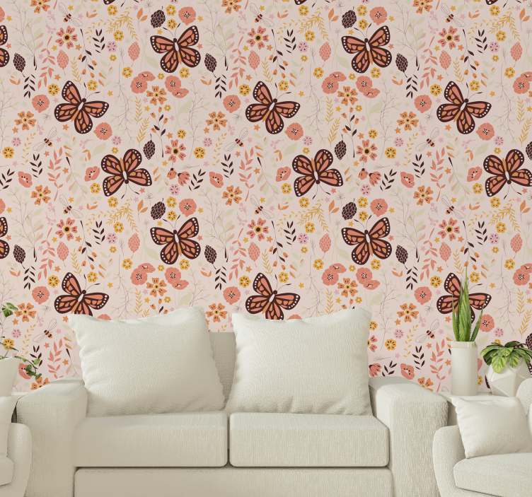 Papier peint papillon fleurs roses - TenStickers