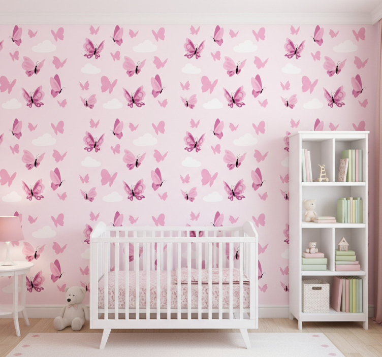 Papier peint papillon rose flottant et nuages - TenStickers