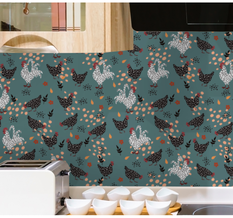Papier peint cuisine poulets noirs et blancs et fleurs - TenStickers